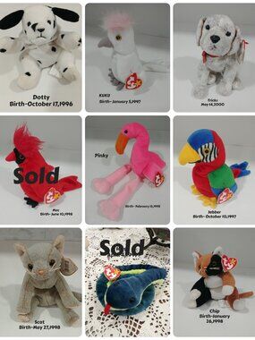 Selling Individual Ty Beany Babies with Birth Tags, Like New, Select By Name